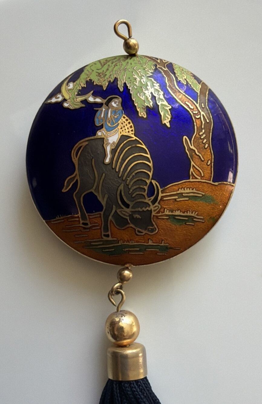 Vintage Cloisonne Round Puff Enamel Pendant Tassel Blue Gold Ox Bull Buffalo
